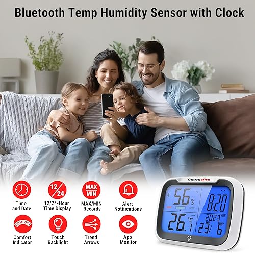 ThermoPro TP393B Hygromètre numérique avec horloge Thermomètre d'ambiance pour la maison, synchronisation automatique des données via Bluetooth, affichant la température et l'humidité avec - Nail Gallerys