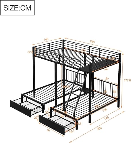 Sapgaks Lit superposé Triple avec tiroirs, lit Enfant,Convertible en Un lit Double 140 x 200 et Deux Lits Simples 90 x 200, lit Multifonctionnel avec Cadre métallique (Blanc) - Nail Gallerys