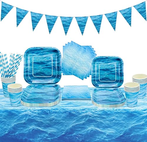 Hegbolke | Articles de Fête Ocean Wave - Assiettes, Serviettes, Banderole pour Anniversaire, Fête Prénatale, Plage et Piscine - Nail Gallerys