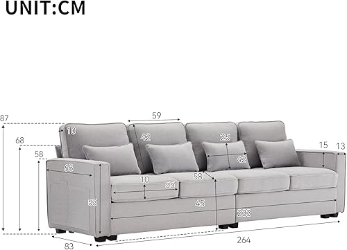 Canapé 4 places,canapé de salon gris foncé,canapé 4 places en tissu lin avec console,canapé avec 2 porte-gobelets,avec 2 ports USB pour recharge par câble,avec poches sur les accoudoirs et 4 coussins - Nail Gallerys
