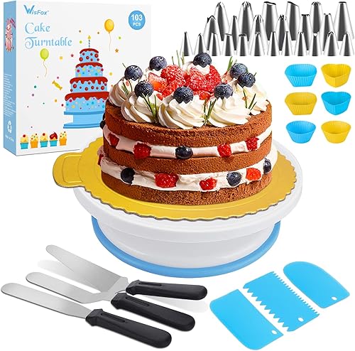 WisFox Plateau à Gâteaux, Kit de Pâtisserie Plateau Tournant de Gâteau 103PCS, Présentoir à Gâteau Douille Patisserie kit, Gâteaux Tournant pour Cuisine Décoration - Nail Gallerys