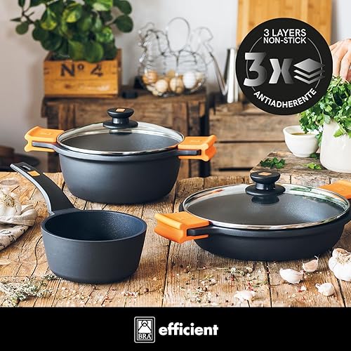 BRA Efficient | Marmite 20 cm avec Couvercle, Fonte D'Aluminium, avec Ainadhésif Platiunm Plus sans PFOA, avec Anses en Silicone Démontables, Tous Feux Dont Induction, Noir - Nail Gallerys