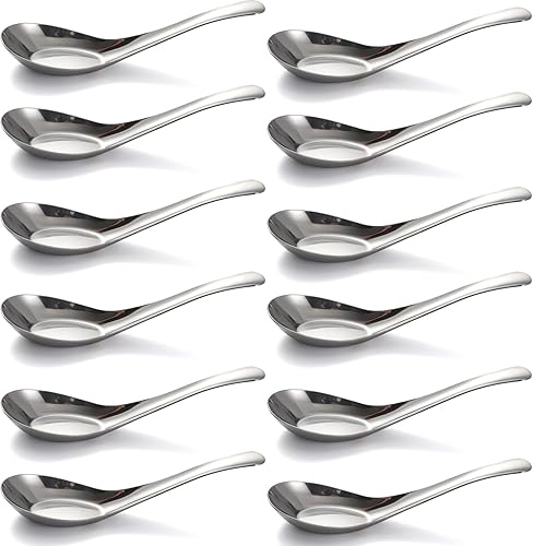 Lot de 6 cuillères à soupe chinoises en acier inoxydable poli miroir pour bouillon, dessert, céréales, thaï, miso ramen - Nail Gallerys