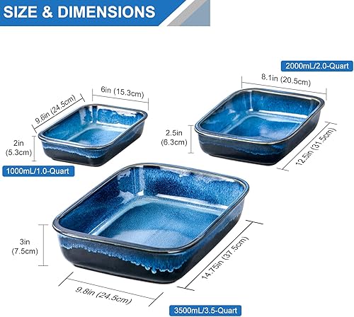 UNICASA Cocotte au Four Antiadhesif en Céramique, Plaque à Rôtir avec Poignées Lasagneforme Rectangulaire 3 Pcs, Cocotte pour Cuisine, Restaurant et Hôtel - 1000ml / 2000ml / 3500ml, Couleur Bleu - Nail Gallerys