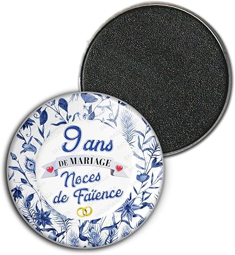 Badgmania Magnet Aimant | Anniversaire 9 Ans de Mariage Noces de Faïence | 3.8cm | Anneaux Mariage - Nail Gallerys