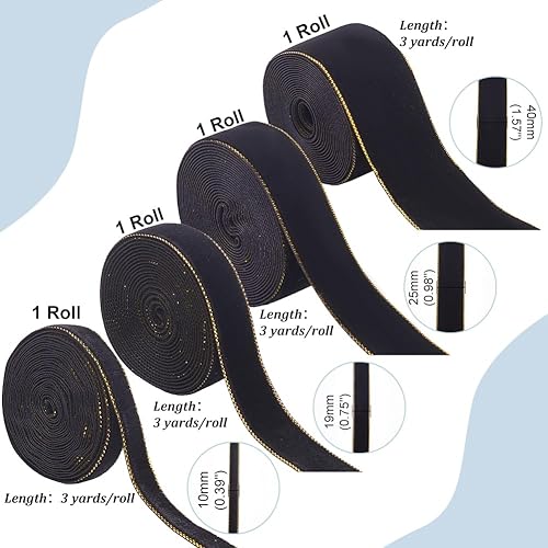 PH PandaHall 11m 4 Tailles Ruban en Velours Ruban Noir 10/19/25/40mm Ruban de Velours Simple Face Ruban Noir Satiné avec Bord Doré pour Emballage Cadeau Bouquet de Mariée Décoration de Mariage - Nail Gallerys