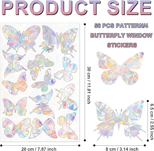 4 feuilles/56pcs Autocollant Anti-Collision pour Oiseaux de Fenêtre, Autocollant Attrape-Soleil pour fenêtre Autocollants Statiques pour Fenêtre Papillon Autocollants de Fenêtre Arc-En-Ciel - Nail Gallerys