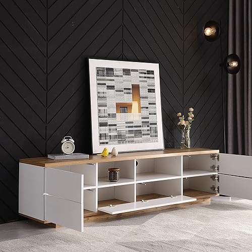 Winmores Meuble TV moderne en bloc de couleur blanche, meuble TV avec grain de bois, 180 cm (180 x 38 x 46 cm) - Nail Gallerys