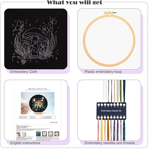 JSRQT Kit de Démarrage de Broderie pour Débutants, Embroidery Starter Kit avec Maison aux Champignons Motif,Kit de Broderie au Point de Croix Artisanal - Nail Gallerys
