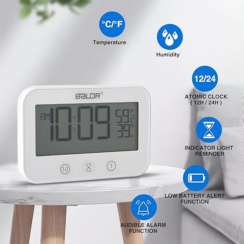Jasfyee Hygrometre,Minuteur Douche Imperméable Horloge Salle De Bain, Horloge Digitale avec Ventouse,Grand Écran Numérique LED avec Compte À Rebours, Alimenté par Pile, pour Maquillage Cuisine - Nail Gallerys