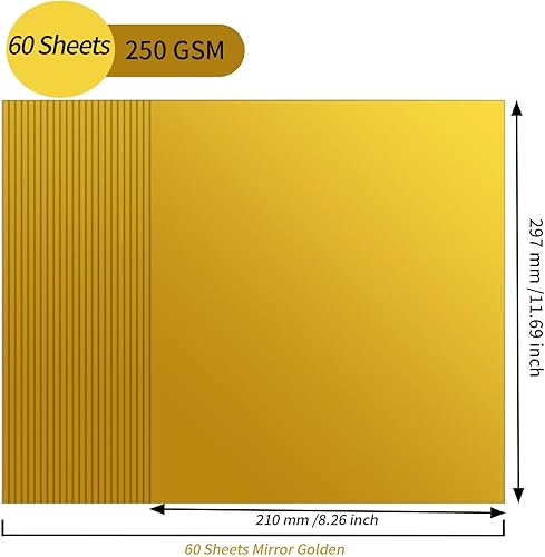 Lot de 60 feuilles de papier doré A4 - 250 g/m² - Papier métallisé miroir doré - Pour projets de bricolage, scrapbooking et décorations de fête, mariages, fêtes d'anniversaire - Nail Gallerys