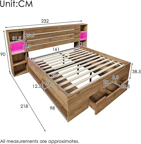 Lit double en bois massif 180 x 200 cm, espace de rangement, avec éclairage LED et espace de rangement USB C, tête de lit et tiroirs, cadre de lit en bois, chêne (sans matelas) - Nail Gallerys