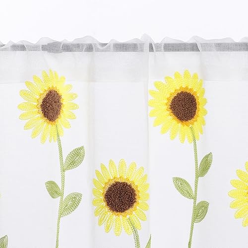 Yujiao Mao Rideau Cuisine Transparent Motif Tournesol Style Campagne Rideau Court Blanc HxL 60x120cm - Nail Gallerys