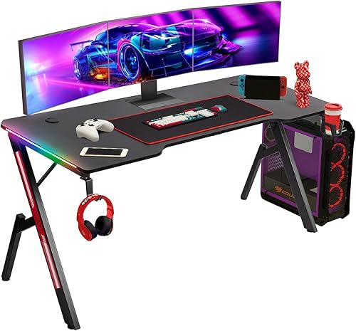 Todeco Bureau Gaming LED 140 x 60cm, Grande Bureau Gamer avec Plateau en Fibre de Carbone, Ergonomique avec Tapis de Souris, Porte-gobelet et Crochet pour Casque - Nail Gallerys