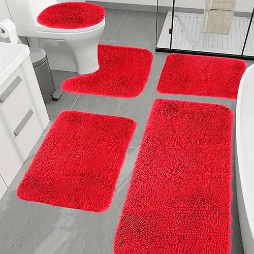 Heavyoff Lot de 5 Tapis de Bain et Tapis Contour WC en Microfibre Super Doux, Lavables en Machine, Tapis de Douche Absorbant pour Salle de Bain, Rouge - Nail Gallerys