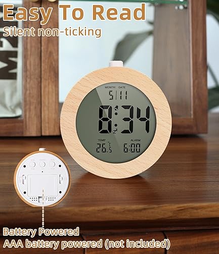 Yulado Reveil, Horloge Numérique Rond LCD en Bois, avec Affichage Date, Température, Rétroéclairage, Snooze, Réveil Matin - Nail Gallerys