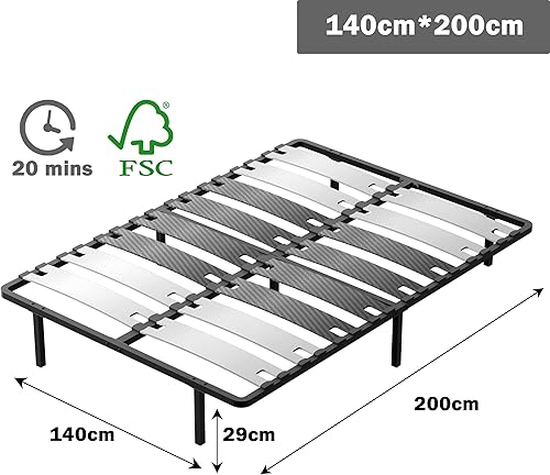 DEWINNER Sommier 140x190, Sommier à Lattes 140x190 avec 6 Pieds - Lit Lattes 125 mm | 2x9 Lattes | Résistant et Confortable | Montage Rapide et Facile | Sommier Lattes 140x190cm - Nail Gallerys