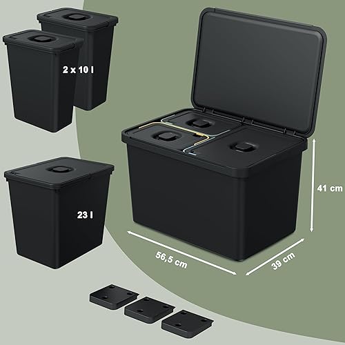 Poubelle de cuisine, en plastique, 4 compartiments, 4 x 10 l, avec couvercle et cadre amovible pour accrocher des sacs à déchets, avec support mural, pour tri sélectif, noire - Nail Gallerys