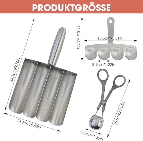 Moule à boulettes de viande en acier inoxydable - 4 tubes - Moule à boulettes de viande - Anti-adhésif - Avec spatule - Pour ustensiles de cuisine - Avec 1 pince à boulettes de viande - Nail Gallerys