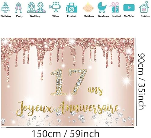 Joyeux 17 ans Anniversaire Bannière en Rose, Décoration de Fête d'anniversaire de 17 ans Bannière de Logo de Porche, Banderoles pour Fêtes Anniversaire de Fille, Signe de Bienvenue Fête d'anniversaire - Nail Gallerys