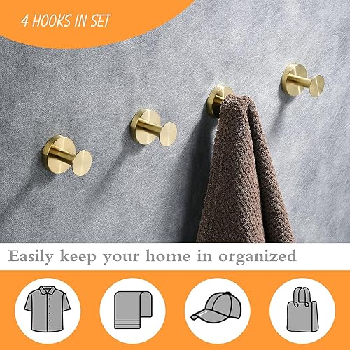 Beelee BA9777BG-4 Lot de 4 crochets muraux en or brossé pour serviettes de salle de bain, peignoirs, porte-chapeaux, vêtements - Nail Gallerys