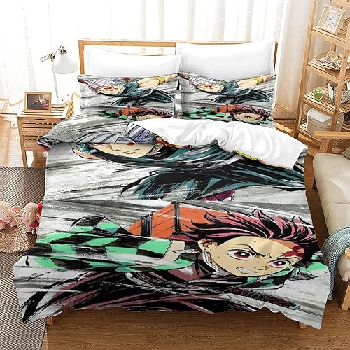 GDEKCIEAS Anime 3D Demon Slayer pour Adultes Et Enfants Housses De Couettes 3D Imprimé Housse De Couette E avec Fermeture À Glissière Microfibr avec Taies Parure De Lit 3 Pièces Single（140x200cm） - Nail Gallerys