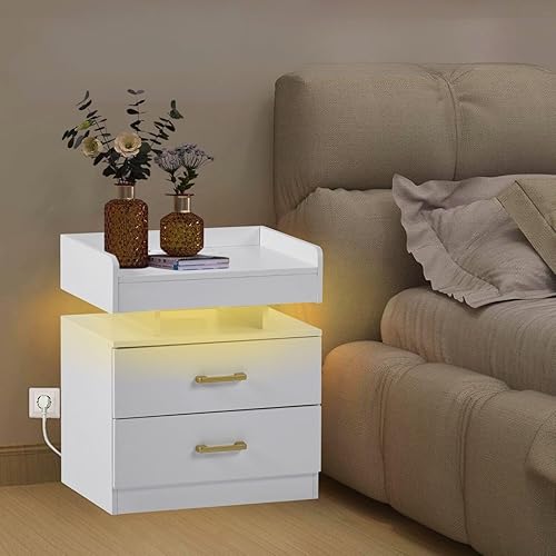 FurnitureR Table de Chevet LED, 45 x 35 x 52 cm, Blanc Brillant, 2 tiroirs, 16 Couleurs, éclairage LED, 2 Prises de Charge et 2 Prises USB, pour Chambre à Coucher, Salon, Bureau - Nail Gallerys