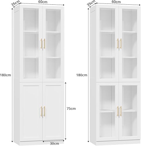 VOWNER Bibliothèque avec Portes en Verre, Étagère à 5 Niveaux avec Tablette Réglable, Ensemble de Vitrine de Rangement Moderne pour Bureau, Salon, Blanc(AC) - Nail Gallerys