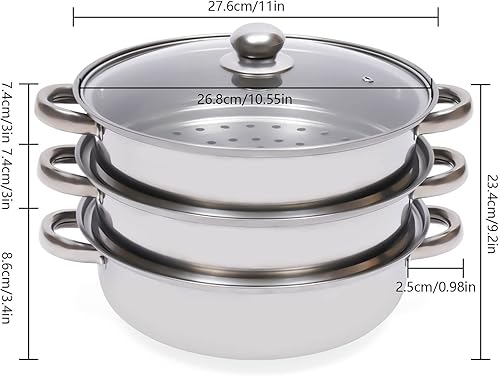 Casserole à vapeur à 3 étages en acier inoxydable avec couvercle en verre et poignées pour cuire et cuire à la vapeur de la viande et des légumes, compatible avec les cuisinières à induction et les - Nail Gallerys