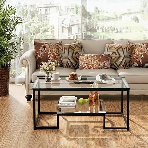Huhote Table basse à 2 niveaux en verre - Table basse de salon en verre avec espace de rangement - Table de salon avec plateau en verre - Espace de rangement ouvert - Style moderne - 100 x 48 x 45 cm - Nail Gallerys