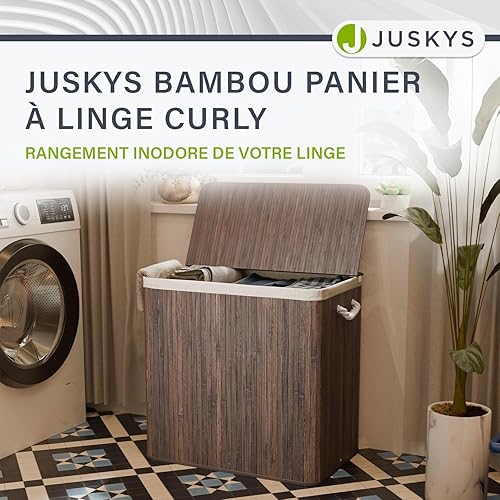 Juskys panier à linge en bambou Curly 150 L - Wäschesammler avec couvercle, poignées & sac en tissu - 3 compartiments tri linge - Marron - Nail Gallerys
