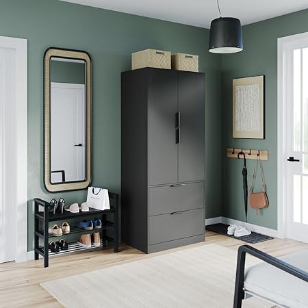 URBNLIVING Armoire de rangement minimaliste à 2 portes et 2 tiroirs pour chambre à coucher - Noir et gris - Meuble moderne avec étagère à vêtements - 179 cm H x 74 cm l x 50 cm P - Nail Gallerys