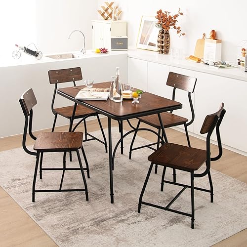 COSTWAY Ensemble de Table à Manger 5 Pièces, Table de Cuisine Rectangulaire et 4 Chaises pour 4 Personnes, avec Structure en Métal, pour Cuisine, Coin Repas, Restaurant, Marron (1 Table+4 Chaises) - Nail Gallerys