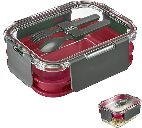 Westmark 236022ER Boîte à lunch, capacité : 1740 ml, deux étages, avec couverts, 4 fermetures à clic sécurisées, verre/silicone/plastique, confortable, transparent/rouge/anthracite - Nail Gallerys