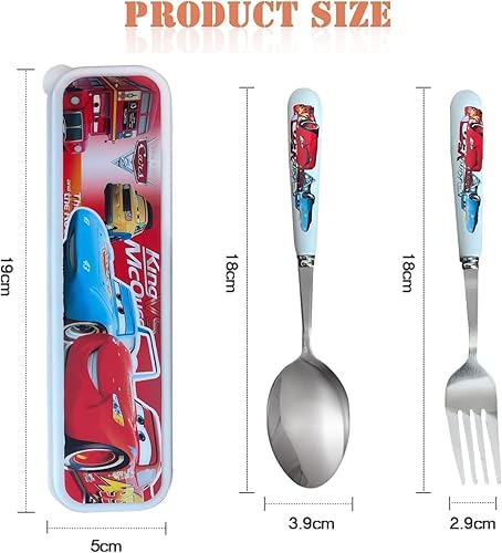 Cars Set de Couverts en Inox, 1 x Fourchette, 1 x Cuillère et 1 x Boite Couverts pour Maison l'école Utilisation, Ensemble de Couverts Transportables, pour Déplacements - Nail Gallerys