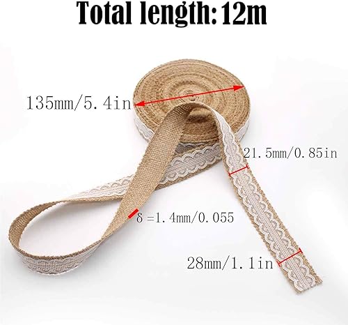 Rouleau de Ruban de Toile de Jute Fait à la Main de 12m Long Avec Dentelle,Décoration de Fête, Couronne de Bricolage, Décoration en filigrane pour la décoration de fête de mariage - Nail Gallerys