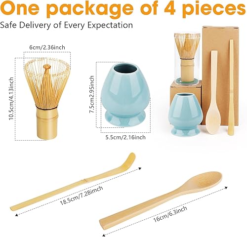 LWMTT 4 Pièces Fouet Matcha Kit, Fouet Matcha Bambou 80 Dents Matcha Kit, Cuillère Traditionnelle, Support Fouet pour Matcha, Kit Matcha Complet sont Cadeau pour Noël et Anniversaires - Bleu - Nail Gallerys