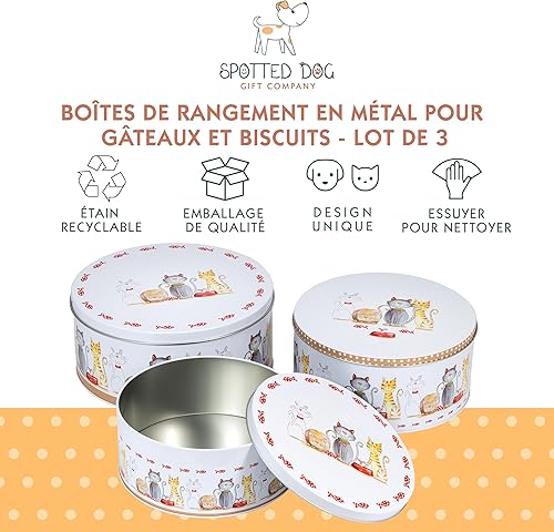 SPOTTED DOG GIFT COMPANY Lot de 3 Boîtes à Biscuits en Métal Rondes, Boîte de Rangement pour Gâteaux et Pâtisseries, Hermétiques et Empilabiles, Petit 20x9cm, Moyen 22x10cm, Grand 25x11cm - Chats - Nail Gallerys