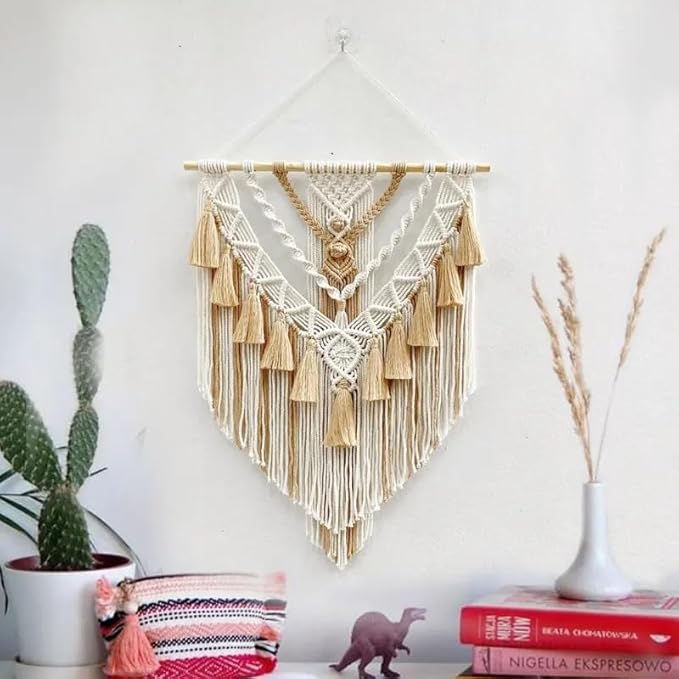 Générique Décoration Murale Suspendue en Macramé avec Franges, Marron et Beige, à la Main avec Pompons, décoration Artisanale, Chambre à Coucher, Salon, Appartement, 55 x 75 cm - Nail Gallerys