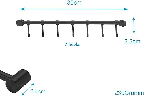 Intirilife Barre à suspendre pour la cuisine en acier inoxydable avec 7 crochets mobiles à percer - 39.6 x 3.4 x 2.2 cm - Barre à crochets pour la cuisine Barre Support mural - Nail Gallerys
