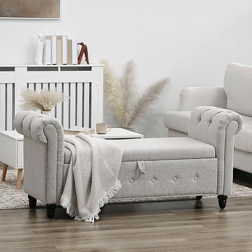 HOMCOM Banc de Rangement, Bout de lit, Coffre de Rangement en Tissu Aspect Lin avec Pieds en Bois, 146,5 x 49 x 72 cm, Gris - Nail Gallerys