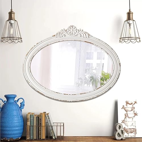 Sintosin Grand Miroir Mural Ovale Vintage 60 x 47 cm, Miroir Decoration Murale en Bois Blanc, Miroirs Muraux pour Salon, Chambre, Salle de Bain, Entrée - Nail Gallerys