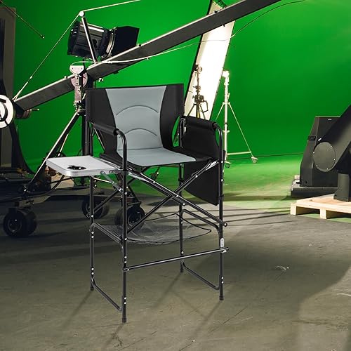 GYMAX Chaise Maquillage Professionnel 116,5 cm, Chaise Metteur en Scène Pliable Portable avec Plateau, Porte-Gobelet, Repose-Pieds, Sac en Filet, Poche de Rangement, Chaise Haute pour Studio - Nail Gallerys