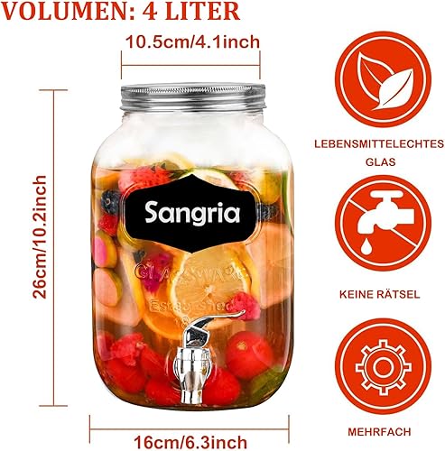 Duscdesp Distributeur de boissons en verre de 4 l avec robinet et couvercle, distributeur d'eau avec presse, robinet, distributeur de jus de fruits, de limonade pour réfrigérateur, fête, pour jus, eau - Nail Gallerys