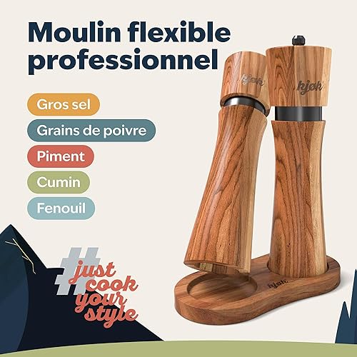 kjøk Premium Moulin à sel et poivre en acier inoxydable et bois d’acacia massif avec support, brosse de nettoyage et cuillère de remplissage - Ensemble de moulins avec mécanisme en céramique - Nail Gallerys