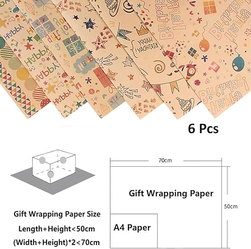 6 Rouleaux Papier Cadeau Papier Anniversaire d'emballage, Rouleau de Papier Cadeau, Feuilles Kraft Rouleau, avec Étiqueter et Ficelle, 70x50cm, pour Femme Fille Bebe Homme Garcon Enfant - Nail Gallerys