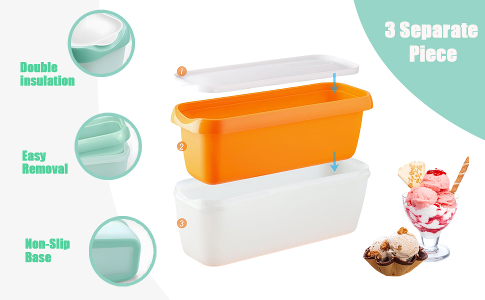 Lot de 3 bacs à glace pour crème glacée, 1,5 l, réutilisables