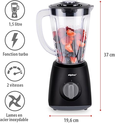 alpina Mixeur Blender 1.5L - Smoothie Mixer 400W - Machine a Smoothie avec Fonction Turbo et Pichet en Plastique - Lames en Acier Inoxydable - Noir - Nail Gallerys