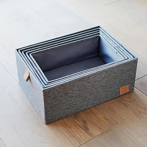 LOVE IT STORE IT - Premium - Boite de rangement avec couvercle, lot de 5 - tissu en lin - poignées en cuir textile - renforts en bois - gris chiné - différentes tailles - Nail Gallerys
