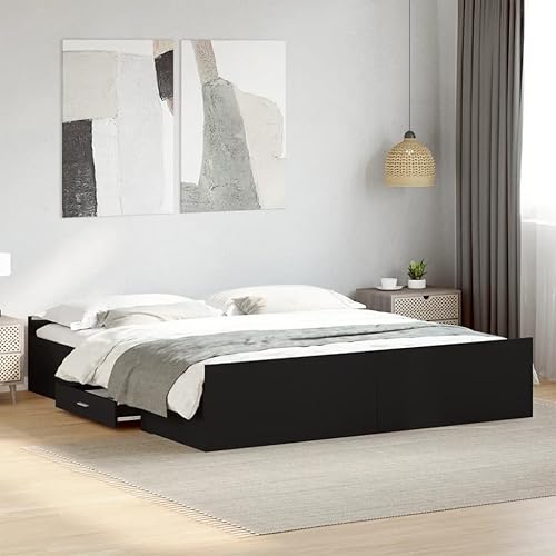 vidaXL Cadre de Lit Simple avec Tiroirs Noir 90x190 cm en Bois d'Ingénierie - Lit de Rangement, Meuble de Chambre, Sommier - Nail Gallerys